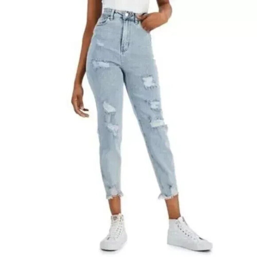 Tinseltown Juniors' Ripped Raw-Hem Loose Mom Jeans B4HP Size 11